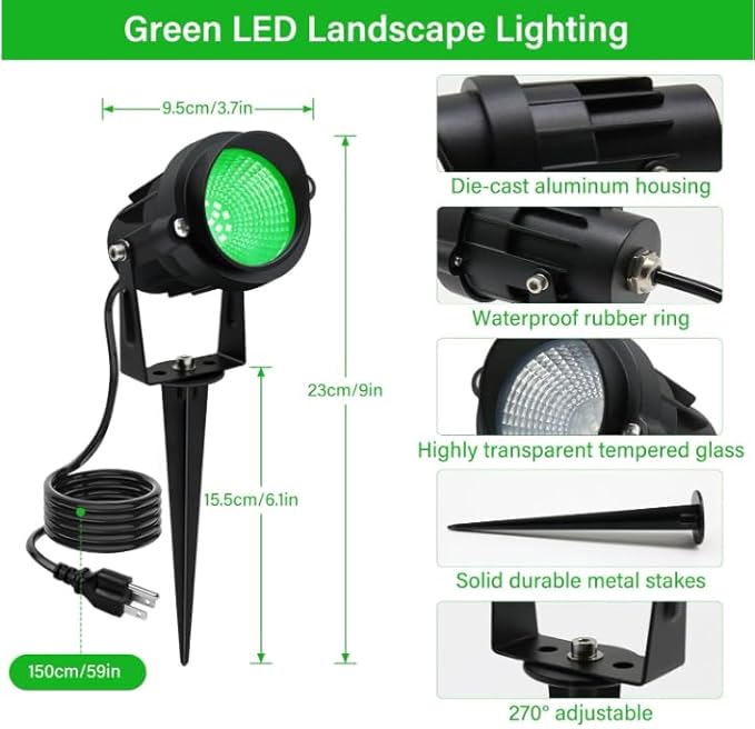Halloween Christmas Outdoor Spotlights Green Landscape Lights Outdoor Spotlight,2 Pack 110v Plug-in Outdoor Waterproof Green Halloween Christmas Spotlights for Garden Pathway Tree Yard