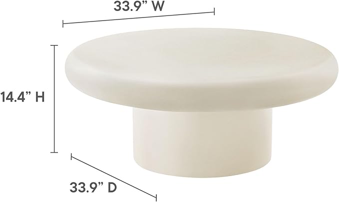Modway Argos Round Concrete Coffee Table in White - Cement Low Coffee Table for Sitting on The Floor - Weather Resistant Stone Patio Coffee Table - Indoor Outdoor 34 Inch Center Table