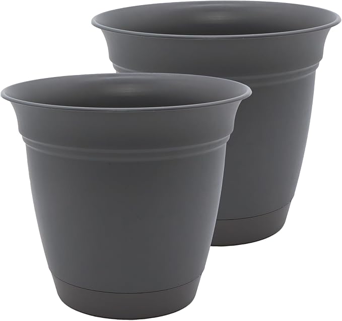 The HC Companies 12 Inch Eclipse Round Planter Pots with Drainage Holes & Attached Saucer, Lightweight UV-Resistant Plastic Indoor & Outdoor Planters, 2-Pack Flower Pots, Garden Home Decor, Warm Gray