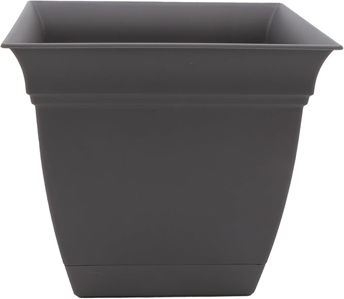 The HC Companies Eclipse Square Plastic Planter w/ Attached Saucer - Outdoor & Indoor Plant Pot with Drainage Holes - Lightweight, UV-Resistant Plastic Pots For Plants (6” Warm Gray, Pack Of 1)