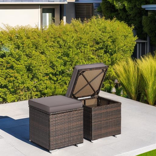 RELAX4LIFE Wicker Outdoor Storage Ottoman, 2-Piece Rattan Footstool w/Removable Cushion, Multipurpose Footrest Stool Side Table Additional Seating, Set of 2 Outdoor Ottomans for Patio Deck (Grey)