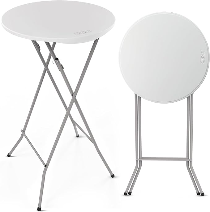 VINGLI 24" Plastic Folding Round Table Bar Height, HDPE Matrial with Gray Metal Finish, High Top Table for Outdoor Party, Cafes, Restaurants, Backyard, Dining Room, Wedding Event,1 Pack, White