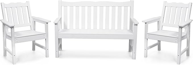 Stoog 3-Piece All-Weather Outdoor Bench & Chairs Set, Include 2 Garden Chairs and 1 Garden Bench, for Porch, Backyard, Lawn, Pool and Deck, White