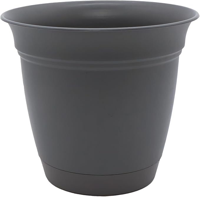 The HC Companies Eclipse Round Planter with Saucer - Outdoor & Indoor Plant Pot with Drainage Holes - Lightweight, UV-Resistant Plastic Pots for Plants, Flowers & Herbs (16" Warm Gray, Pack of 1)