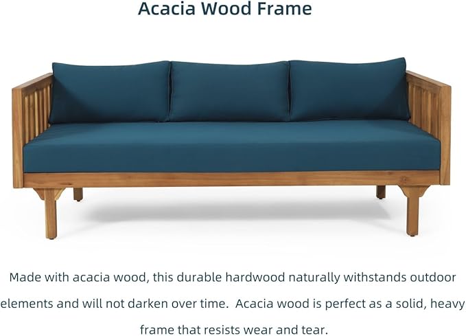 Merax Solid Acacia Wood Couch Chaise Lounge Chair Indoor, 3 Seater Daybed Sofa Couches with Cushions & Pillow, Heavy Frame Day Bed for Living Room, Office, Outdoor, Balcony, Patio, Water Resistant