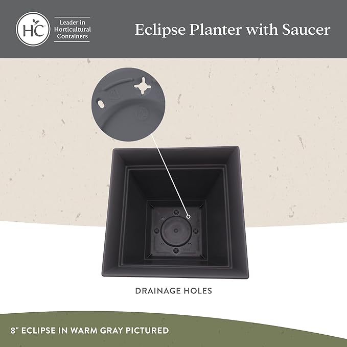 The HC Companies Eclipse Square Plastic Planter w/ Attached Saucer - Outdoor & Indoor Plant Pot with Drainage Holes - Lightweight, UV-Resistant Plastic Pots For Plants (8" Warm Gray, Pack of 1)