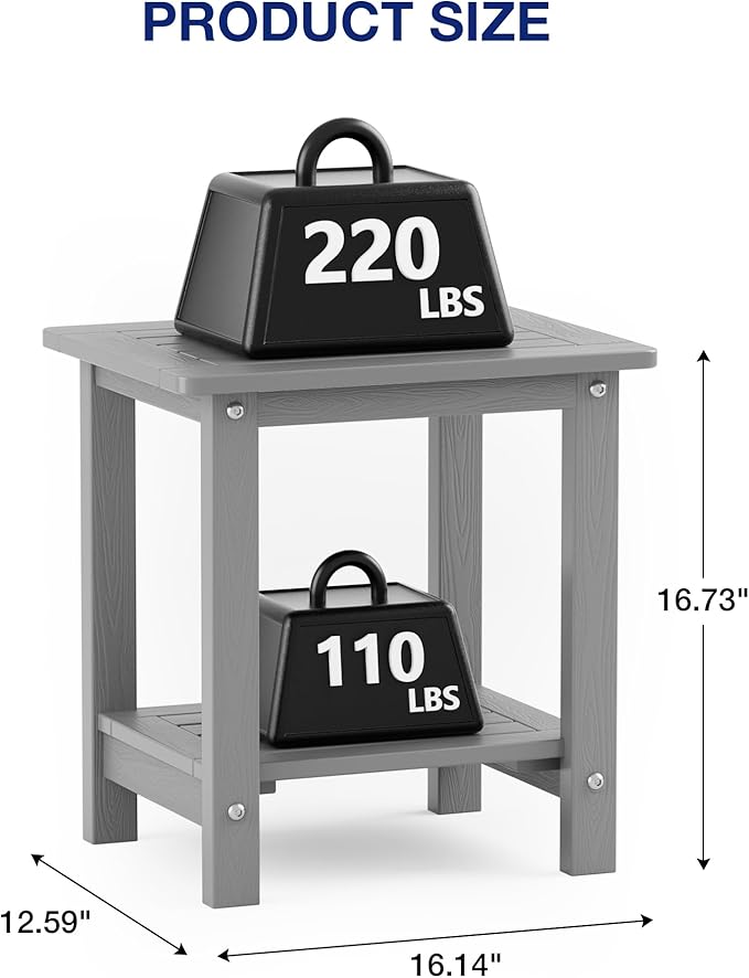 YEFU Outdoor Side Table for Patio: 16" HIPS Weather - Resistant Adirondack Tables Set of 2 - Small Square End Tables for Backyard Pool Porch Balcony - Indoor Outdoor Double Layer Table Grey