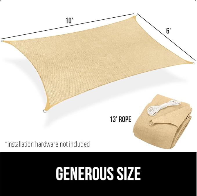 GORILLA GRIP Heavy Duty Sun Shade, UV Protection Fade Tear and Rust Resistant Rectangle Sunshade Canopy, Curved Edges Blocks Sunlight, Breathable Sail, Outdoor Patio, Lawn Garden, 6x10 FT Sand