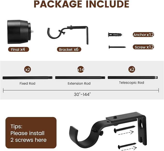 Matte Black Curtain Rod Itself is 30-144 inch 2 Pack, Fit 30 to 142, 66 to 120 inch Windows with 1 Inch Diameter Heavy Duty Adjustable Telescopic Rod, 1 Inch Diameter Splicing Extra Long