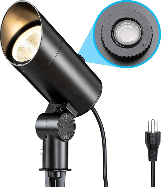 SUNVIE 30W Spot Lights Outdoor 120V Dusk to Dawn Outdoor LED Spotlight Plug in with Photocell Sensor 3000K Waterproof Bright Flag Pole Light for Yard Tree Garden Landscape Lighting with Stake 6FT Cord
