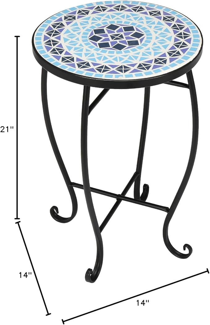 VINGLI Mosaic Accent Table, 14" Round Side Table,End Table, Plant Stand Decor for Patio Porch Beach Theme Balcony Back Deck Pool Indoor Outdoor Coffee, Metal Cobalt Glass Top Black Iron(Blue Ocean)