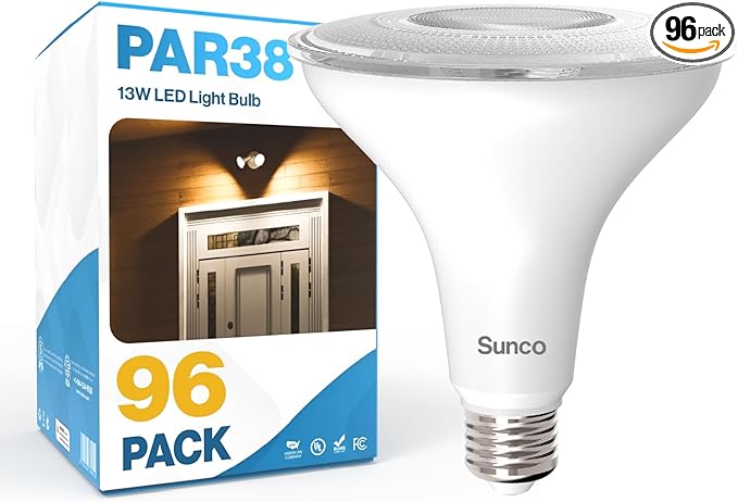 Sunco 96 Pack Outdoor Flood Light Bulb LED PAR38, Exterior Spotlight Bulbs, Weatherproof, 1050 LM, 13W (100W Equivalent), 6000K Daylight Deluxe, Wet Rated, Dimmable, E26 Base UL.