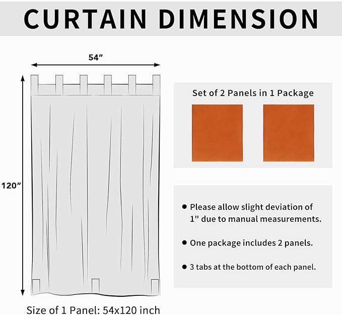 Easy-Going Outdoor Patio Curtains Detachable Tab Top Windproof Weatherproof Curtain for Cabana, Porch, Pergola and Gazebo, Tab Bottom Drape, 2 Panels, 54W x 120L inch, Orange