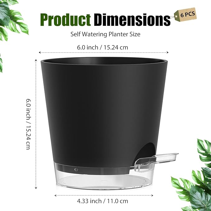 Plant Pots 6 Inch Self Watering Pots,6 Pack Plastic Planters with Drainage Holes and Clear Saucers,Plastic Flower Pots,Nursery Planting Pot for Indoor Out Door Plants (Black)