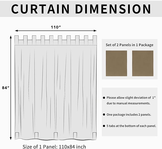 Easy-Going Outdoor Patio Curtains Detachable Tab Top Windproof Weatherproof Curtain for Cabana, Porch, Pergola and Gazebo, Tab Bottom Drape, 2 Panels, 110W x 84L inch, Khaki