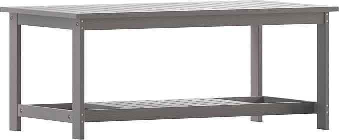BizChair Two Tiered Commercial Grade Adirondack Coffee Table - Gray Finish Poly Resin Wood - All-Weather - Slatted Shelf Design
