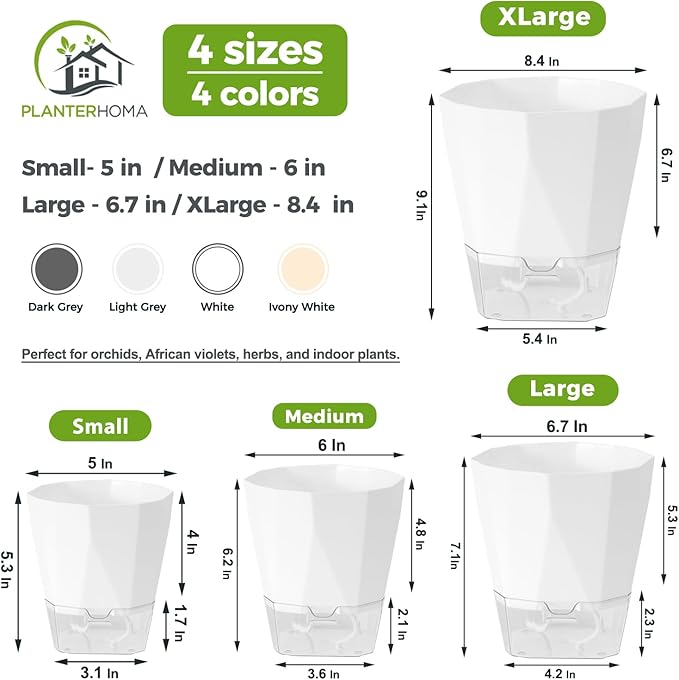2 Pack Self Watering Pots for Indoor Plants, 8.4 Inches Self Watering Planters Large African Violet Self Watering Clear Pots for Plants Large Herb Orchid Flower Houseplant Pots, White