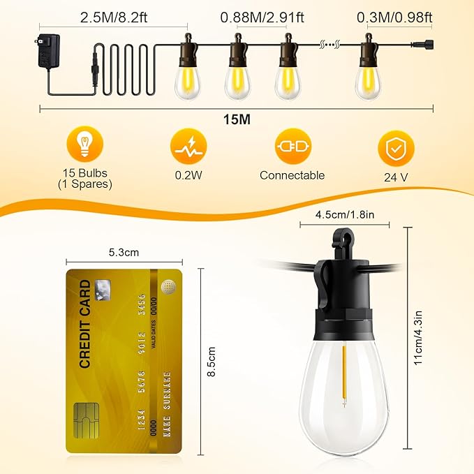 Outdoor String Lights Patio LED Light Outside - 15M 15+1 S14 LED IP65 Waterproof 50ft Porch Lighting Garden Lights