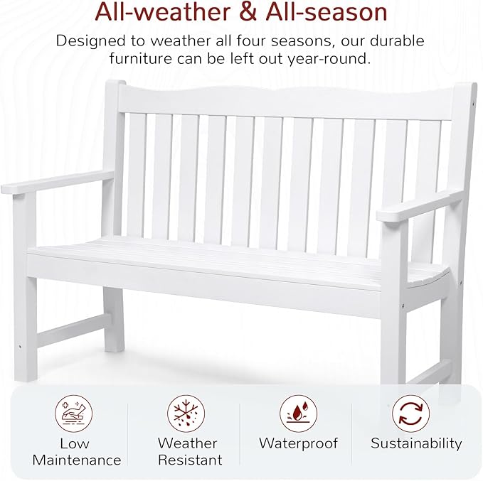 Stoog 3-Piece All-Weather Outdoor Bench & Chairs Set, Include 2 Garden Chairs and 1 Garden Bench, for Porch, Backyard, Lawn, Pool and Deck, White