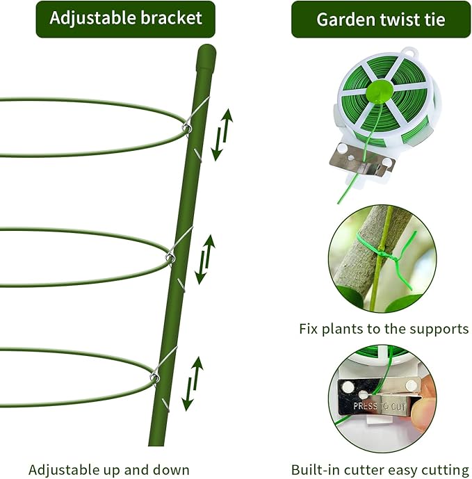 8 Pack Tomato Cage for Garden Plant Support, 18 inches Small Tomato Cages Tomato Trellis with Adjustable Rings, Plant Stakes for Peony Support, Tomato Stakes Rings for Climbing Plants