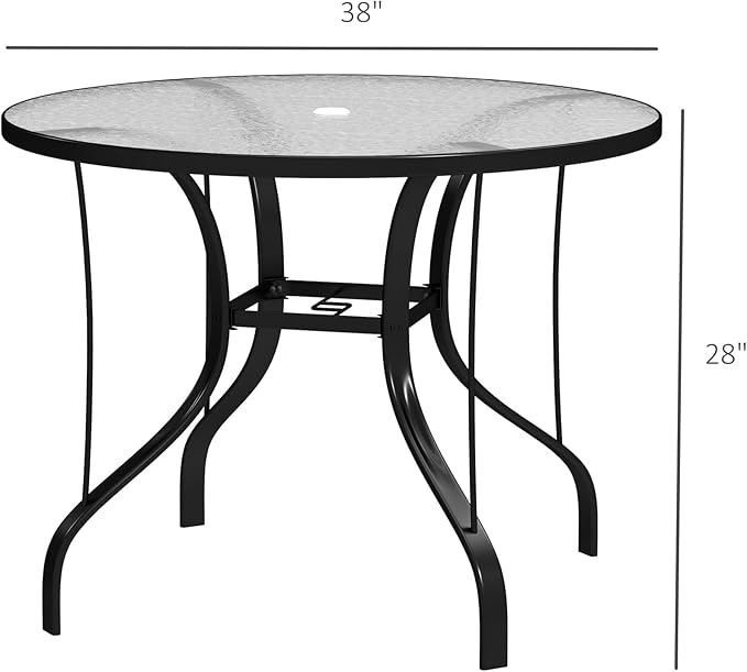 Outsunny 38" Round Patio Table with Umbrella Hole, Outdoor Dining Table Tempered Glass Metal Frame Bistro Table, for Deck, Yard, Balcony, Lawn, Pool, Black
