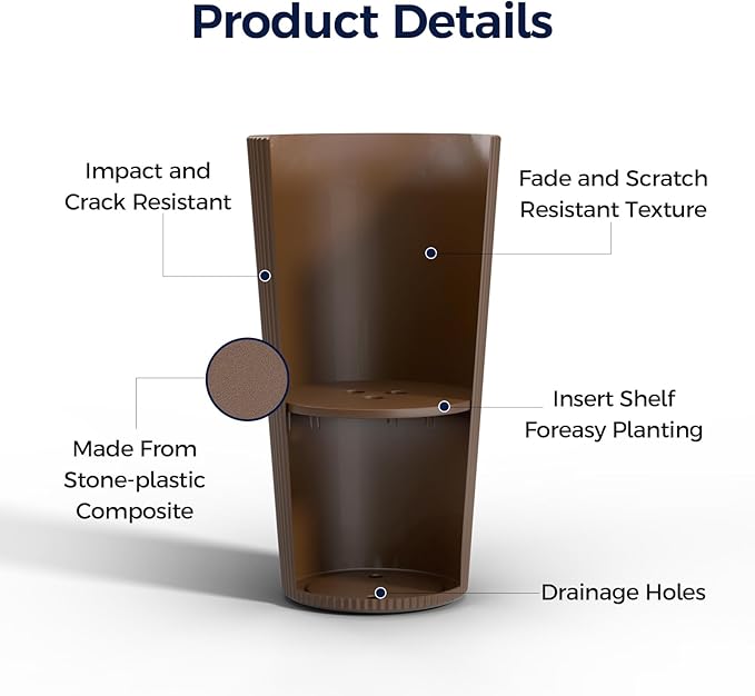 FONTOI 23.6" Tall Planter for Outdoor Plants Set of 2 Large Outdoor Plastic Striped Flower Pots, Front Porch Furniture, Garden Pots, Decorative Planters for Indoor/Outdoor, Patio, Balcony, Brown