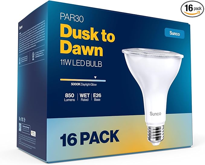 Sunco 16 Pack LED PAR30 Dusk to Dawn Light Bulb for Outside Porch, Patio, Backyard, 11W=75W, 850 LM, 5000K Daylight , Non-Dimmable, Photocell Sensor, UL