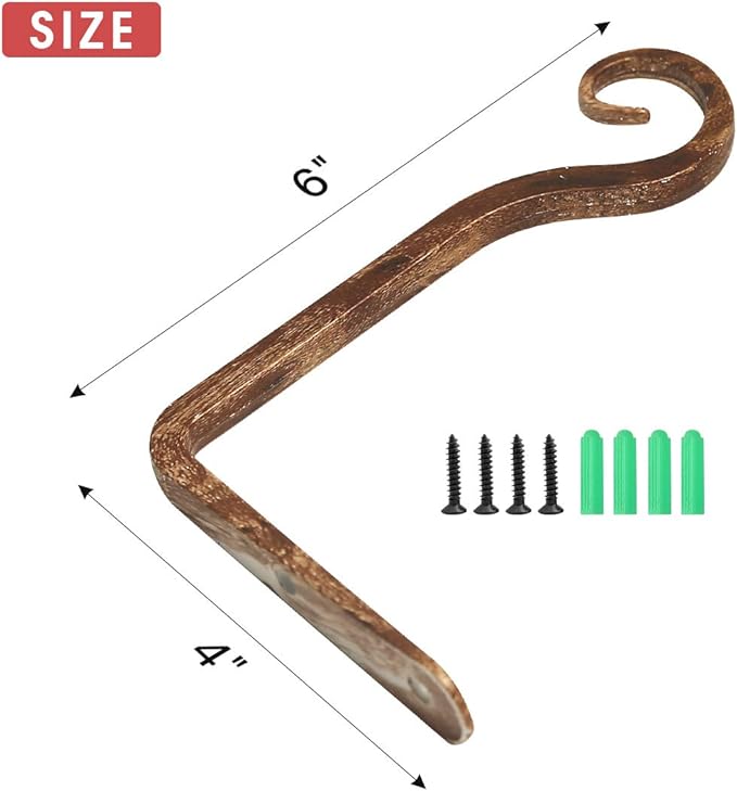 Jardim 2 Pack 6 Inch Premium Decorative Metal Iron Wall Hook, Indoor Outdoor Plant Hanger, Rustic Hanging Gardening Bracket Hook, for Planters, Bird Feeders, Lanterns, Wind Chimes (Coffee)