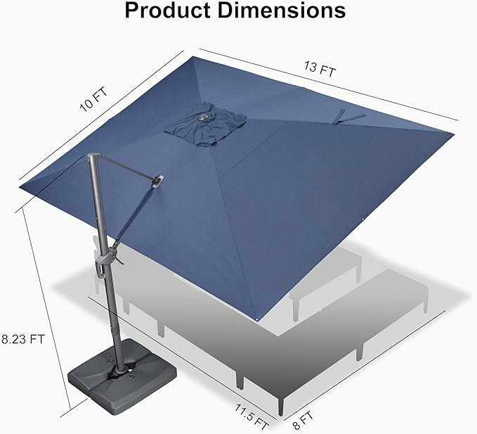 PURPLE LEAF Patio Umbrella 10' X 13' Rectangle Cantilever Umbrella Large Aluminum Outdoor Umbrellas with 360-degree Rotation & UPF40+ Premium Fabric for Deck Pool Garden Yard, Ocean Slate