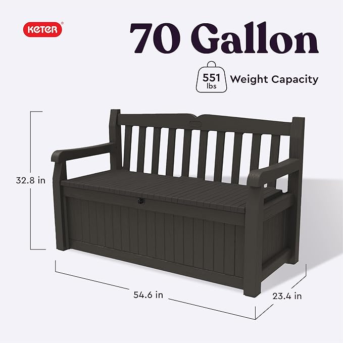Keter Solana 70 Gallon Storage Bench Deck Box for Patio Furniture, Front Porch Decor and Outdoor Seating – Perfect to Store Garden Tools, Brown/Brown
