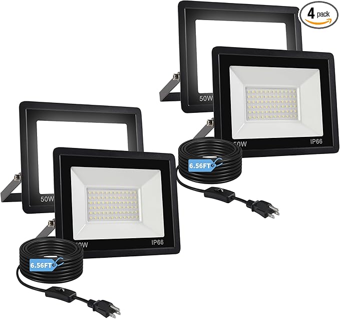 50W Flood Lights Outdoor,8000LM Bright LED Work Light,IP66 Waterproof Outside Lights for Yard with Switch and 6.5FT Plug,6500K Daylight White Outdoor Yard Light for Garage,Garden,Stadium(4Pack)