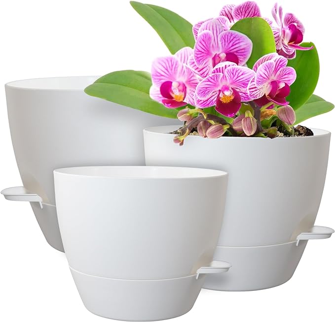 12/10/9 inch Large Self Watering Pots, Plant Pots with Mesh Drainage Holes for Indoor Outdoor Garden Plants, Flower Pots with Removable Deep Reservoir, Set of 3 Plastic Planters, White