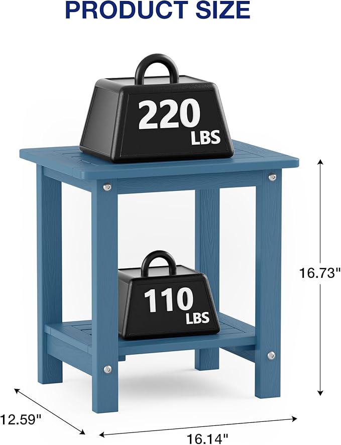 YEFU Outdoor Side Table for Patio: 16" HIPS Weather - Resistant Adirondack Tables Set of 2 - Small Square End Tables for Backyard Pool Porch Balcony - Indoor Outdoor Double Layer Table Navy Blue Blue