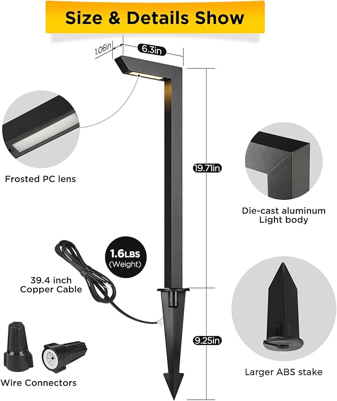 Gardencoin 3CCT LED Low Voltage Landscape Pathway Light, 12V Premium 3000K/4000K/5000K Selectable Path Lights Wired, Modern Walkway Lights Outdoor, Higher Housing with Larger Stake (19.7IN, 8 Pack)