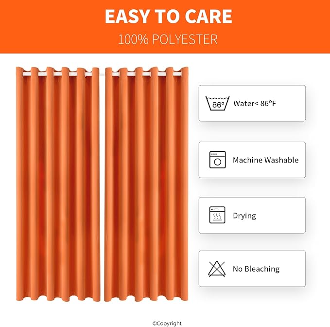 Waterproof Outdoor Curtain W84 x L120 - Grommet Top Sunlight Blocking Window Treatment Drapes Blackout Curtains for Home Bedroom Living Room Patio Pergola Cabana Gazebo (Orange, 2 Panels)