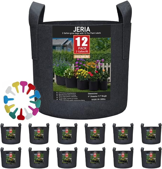 JERIA 12-Pack 2 Gallon Grow Bags, 300G Thickened Nonwoven Garden Pots,Heavy Duty Fabric Pots with Reinforced Handles