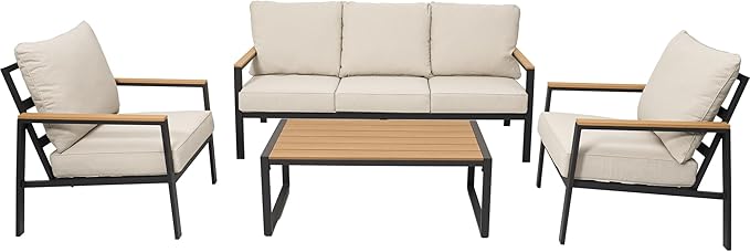 Patio Furniture Set, 4 Pieces Outdoor Furniture Patio Conversation Set with High Back, Faux-Wood Armrest and Tabletop, Outdoor Couch Patio Sofa Set for Balcony, Porch, Backyard, Beige