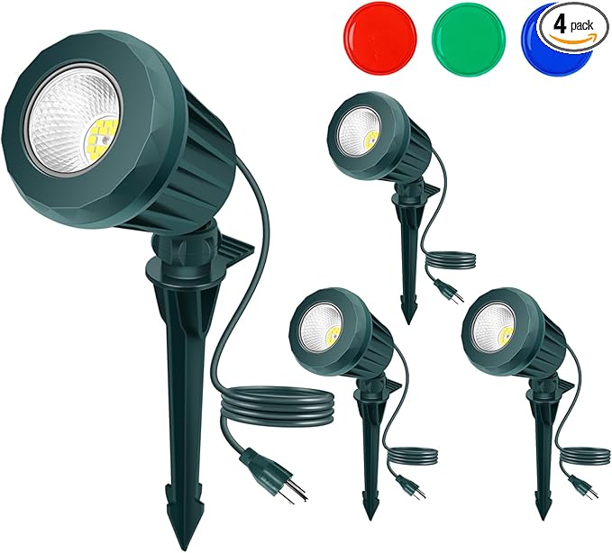 Spotlight Outdoor – 120V Plug-in, 2700K Warm White LED Landscape Spot Lights with RGB 3 Lenses for Yard, Garden, Lawn&Tree Decor, IP67 Waterproof, Perfect for Holidays&Everyday (4 Pack, Green)