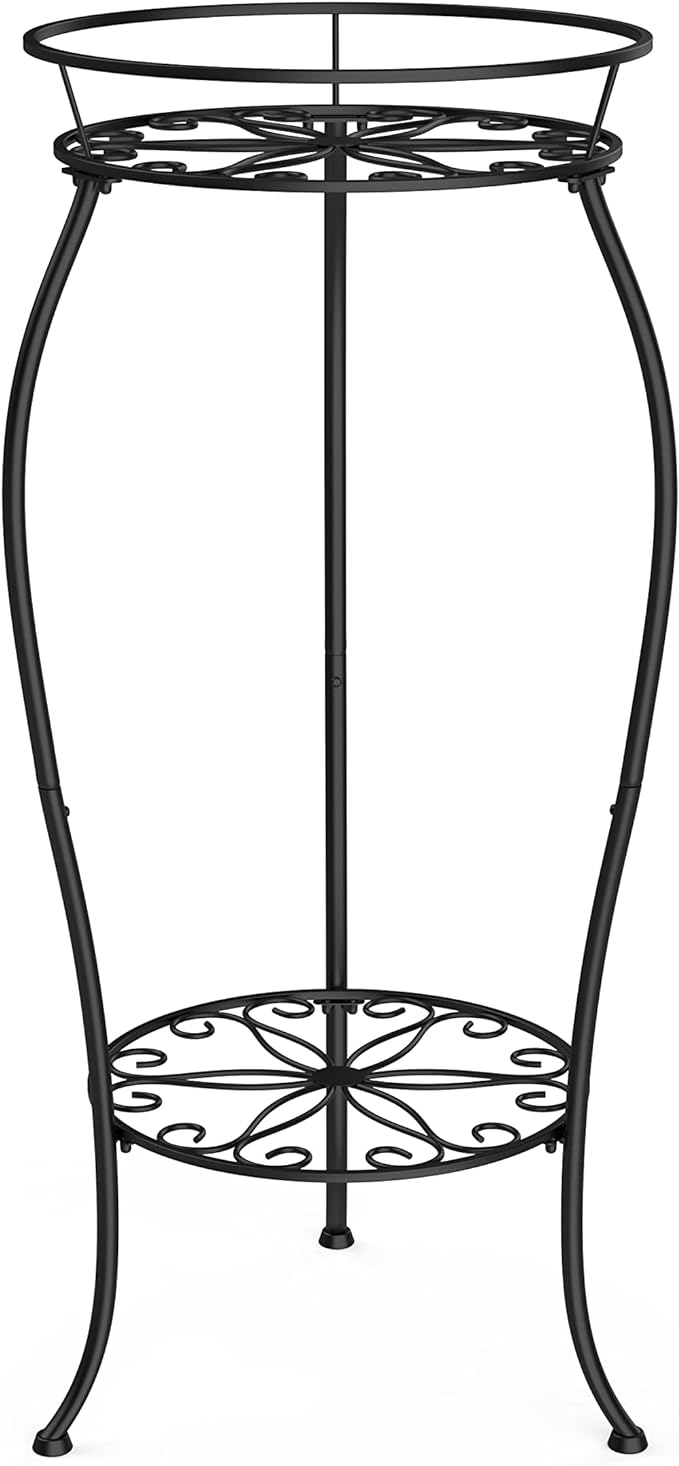 FaithLand Plant Stand, Metal Planter Holder Indoor Outdoor, 2 Tier Round Potted Supports Rack, Corner Display Shelf Black, Tall