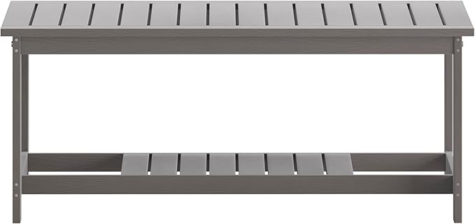 BizChair Two Tiered Commercial Grade Adirondack Coffee Table - Gray Finish Poly Resin Wood - All-Weather - Slatted Shelf Design