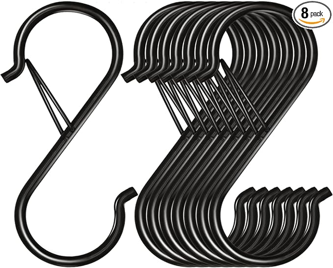 8 Pack S Hooks for Hanging, 3.5 inch Heavy Duty Metal S Hooks with Safety Buckle S Shaped Hooks Pot Rack Closet Hooks for Hanging Plants, Clothes, Kitchen Utensil, Pots, Pans, Bags (Black)