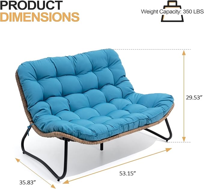Crestlive Products Patio Loveseat, All-Weather Rattan Large Furniture with Soft Cushions, Outdoor Loveseat for Balcony, Poolside, Backyard (Blue)