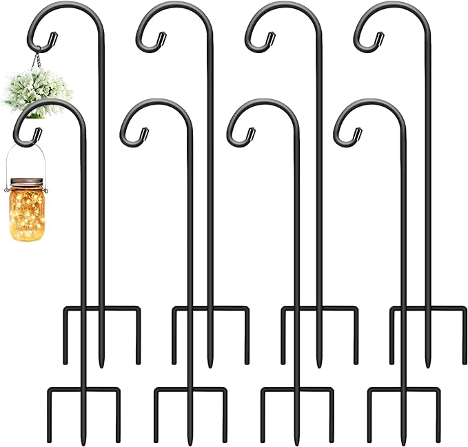 Gtongoko 8 Pack Shepherds Hooks for Outdoor 32 Inch Garden Hooks for Hanging Plants, Lanterns, Bird Feeders, Solar Lights, Mason Jars, Weddings Decor, Adjustable, Matte Black