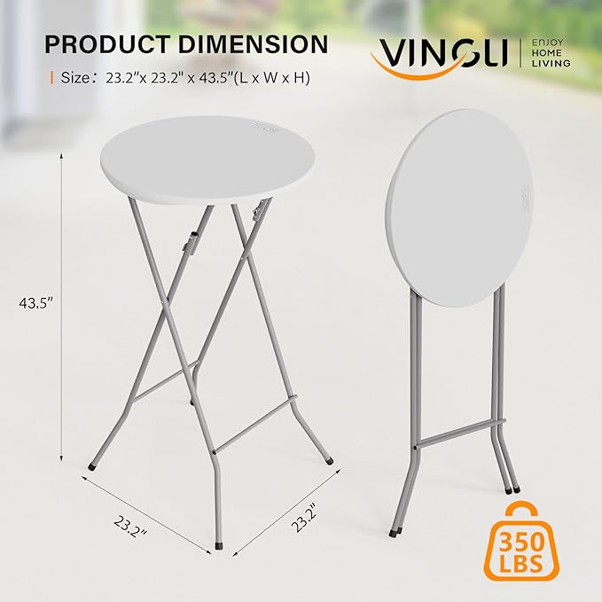 VINGLI 24" Plastic Folding Round Table Bar Height, HDPE Matrial with Gray Metal Finish, High Top Table for Outdoor Party, Cafes, Restaurants, Backyard, Dining Room, Wedding Event,1 Pack, White