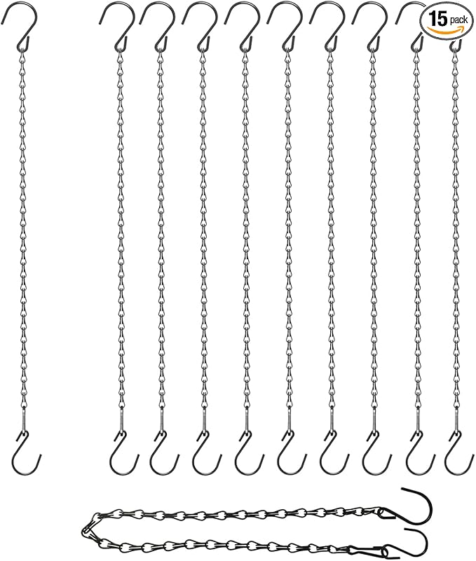 Adjustable Hanging Chain with Hooks, 25Inch, Black 15pcs Heavy Duty for Hanging Grow Lights, Christmas Wreath, Neon Sign, Indoor Plants, Bird Feeders