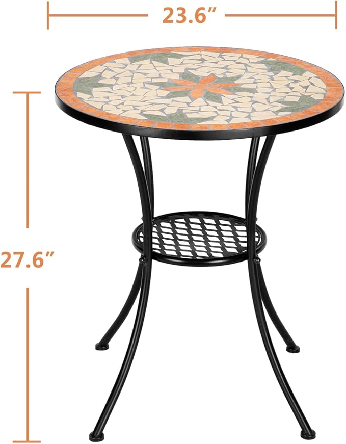 VINGLI Garden Patio Mosaic Table, Outdoor Bistro, Black Iron Frame, 23.6" Round End Table, Accent Table (Does not Include Chairs)