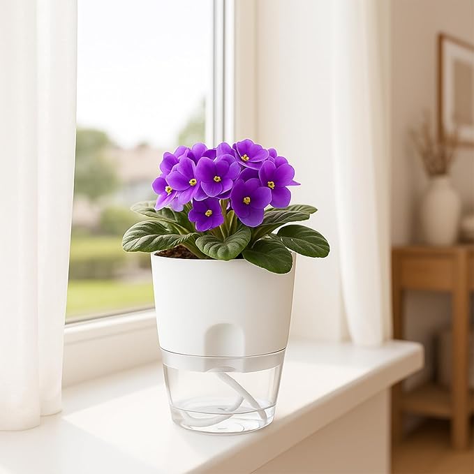 8 Pack Self Watering Pots for Indoor Plants, PlanterHoma 3.2 Inch Plant Pot Plastic Self Watering Planter for Orchid, African Violet, Mini Clear Flower Pots with Drainage Holes and Wicking Rope, White