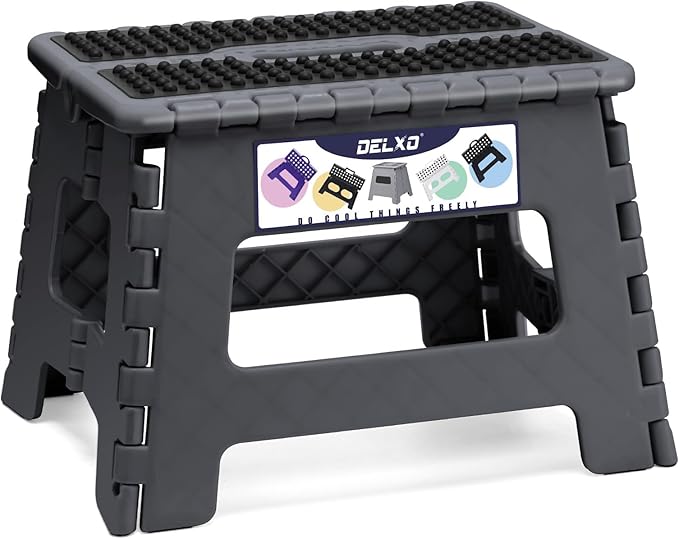 Delxo Folding Step Stool 9 Inch,Non-Slip Foldable Stools for Kids & Adults Up to 300 LBS,Kitchen Collapsible Fold Up Stepping Stool with Dotted 1 Pack,Gray