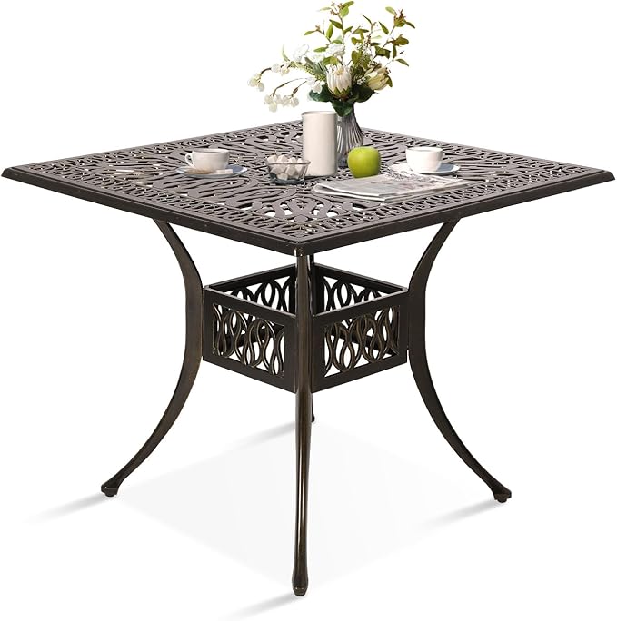 Patio Dining Table,Cast Aluminum Patio Table with Umbrella Hole, Outdoor Bistro Table for Backyard, Garden, Patio (35" Rectangle Dining Table)