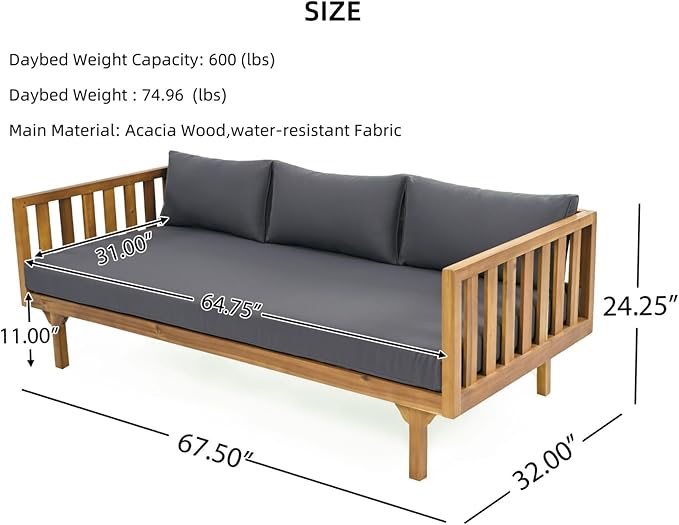 Merax Solid Acacia Wood Couch Chaise Lounge Chair Indoor, 3 Seater Daybed Sofa Couches with Cushions & Pillow, Heavy Frame Day Bed for Living Room, Office, Outdoor, Balcony, Patio, Water Resistant